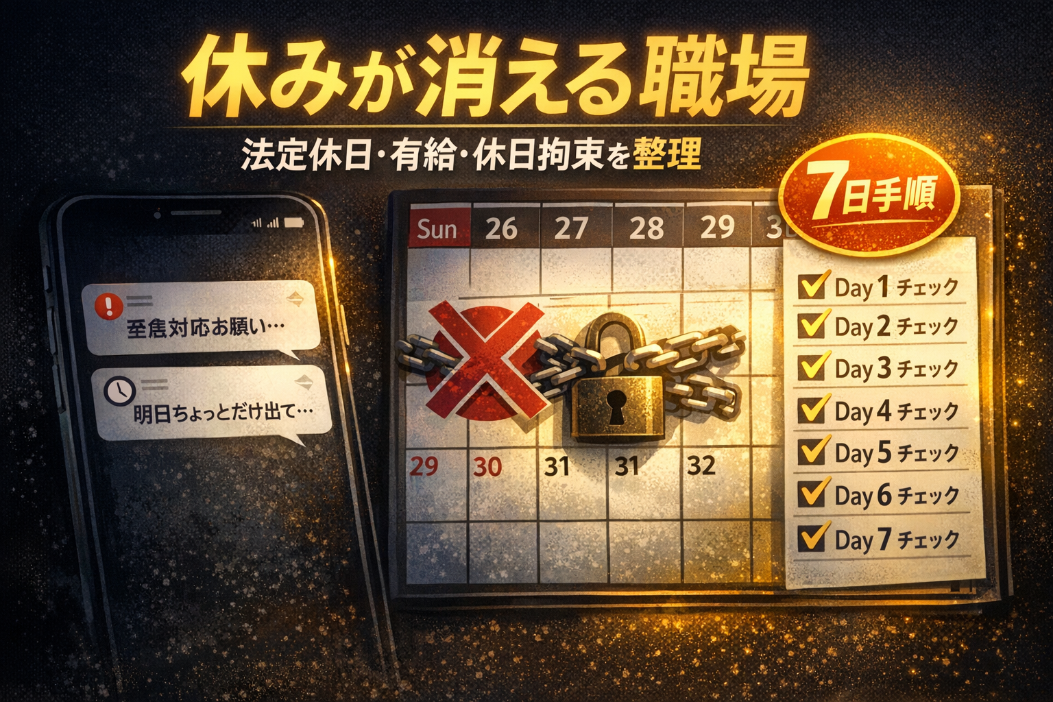 休日の通知と7日チェックで休みの悩みを整理するイメージ